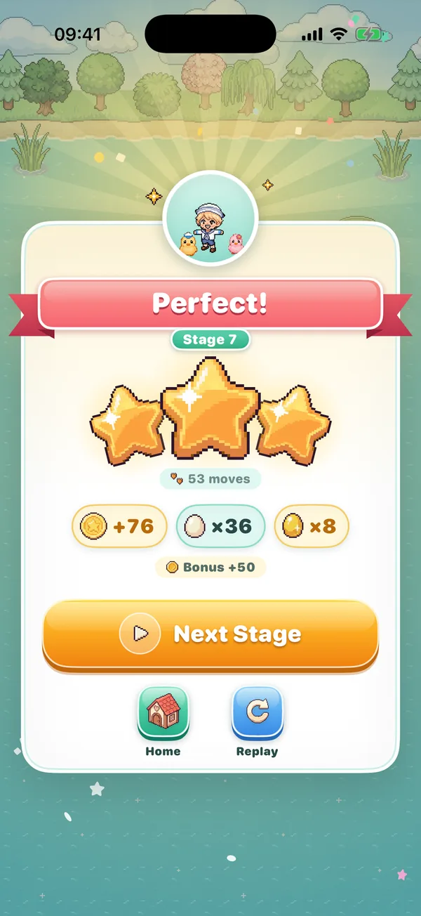 A win card with three stars and 53 moves
